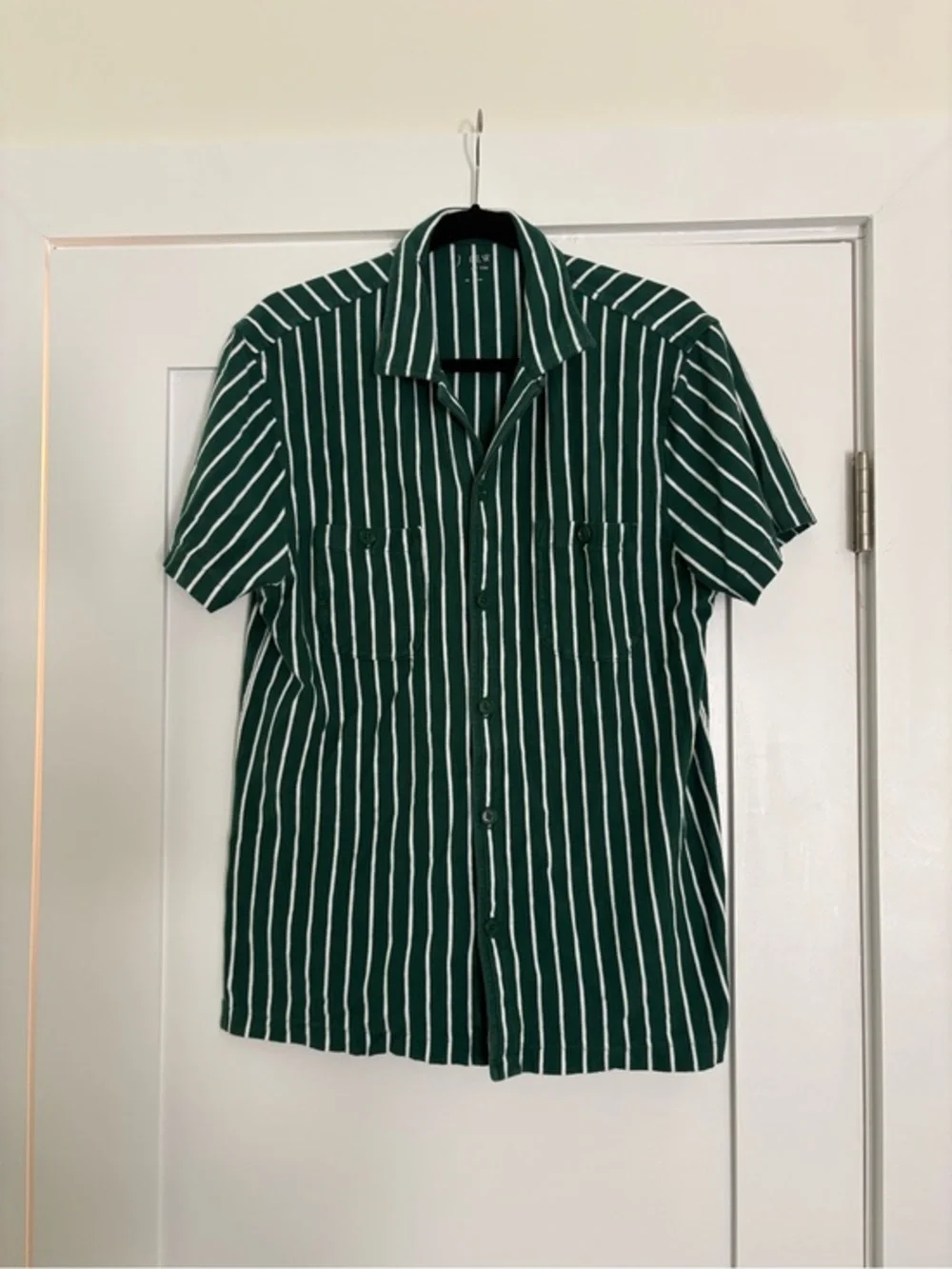 J.Crew Green White Striped Cotton Jersey Knit Camp Collar Shirt SU23 BR050 M